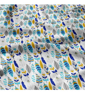 Decorative cotton fabric, by the meter, Blue Feathers on White