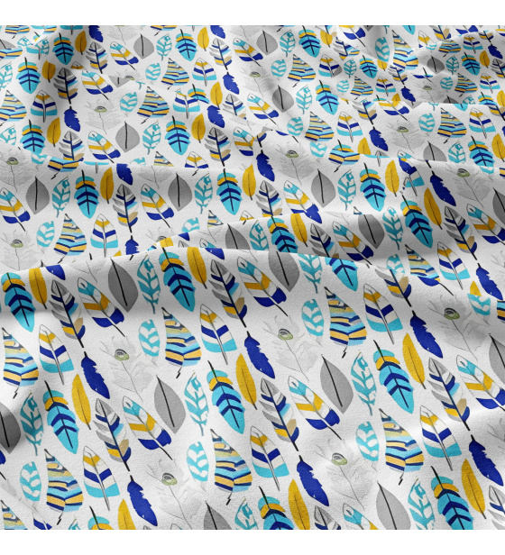 Decorative cotton fabric, by the meter, Blue Feathers on White