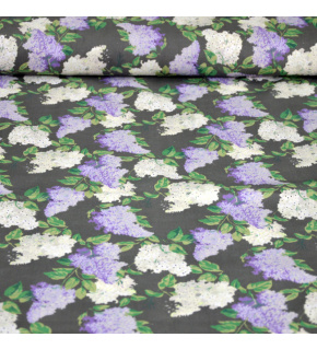 Cotton fabric 100% cotton, 125 g/m², width 160 cm, white and purple lilac branches on grey