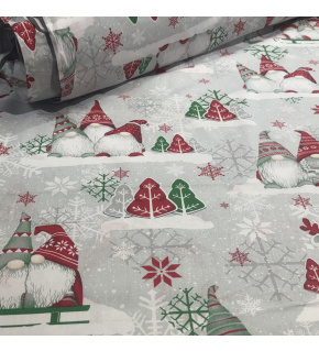 Christmas cotton fabric, by the meter, width 160 cm, Red and Green Elves on Grey